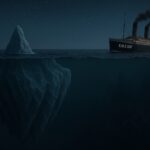 A large ship labeled R.M.S SAP sails at night near a massive iceberg, most of which is submerged underwater. Stars are visible in the night sky above the calm ocean.