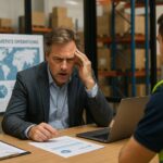 Three men have a meeting at a table with documents and a laptop. One man in a suit touches his forehead and looks concerned. Charts and a Logistics Operations poster are visible in the background.
