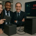 Three people in business attire look at a woman trying to fit a cube into a round hole on a device. A screen reads “Error: Data Conflict,” highlighting the challenges of merging data in SAP Systems, with charts and graphs partially visible.