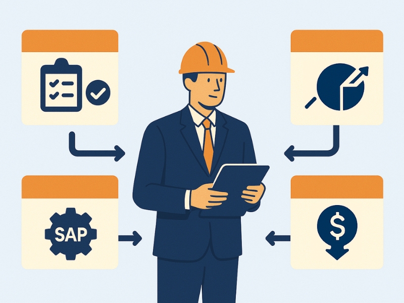 Illustration of a person in a suit and construction helmet holding a tablet, surrounded by icons representing tasks, analytics, SAP software, and cost reduction, connected by arrows. Illustration of a person in a suit and construction helmet holding a tablet, surrounded by icons representing tasks, analytics, SAP software, and cost reduction, connected by arrows.
