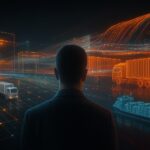 A person in a suit stands facing a digital scene with glowing outlines of trucks, a cargo ship, and buildings, representing AI-driven logistics and global supply chain technology.