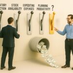 Two men stand by four levers labeled Inventory Reduction, Stock Availability, Expediting Expenses, and Planning Productivity. A pipe under the levers dumps cash. One man points at the Planning Productivity lever, highlighting Demand-Driven Planning.