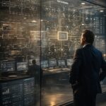 A man in a suit stands in a modern office, looking at a large transparent screen displaying complex digital flowcharts and diagrams related to SAP S/4HANA, with computer monitors visible in the background.