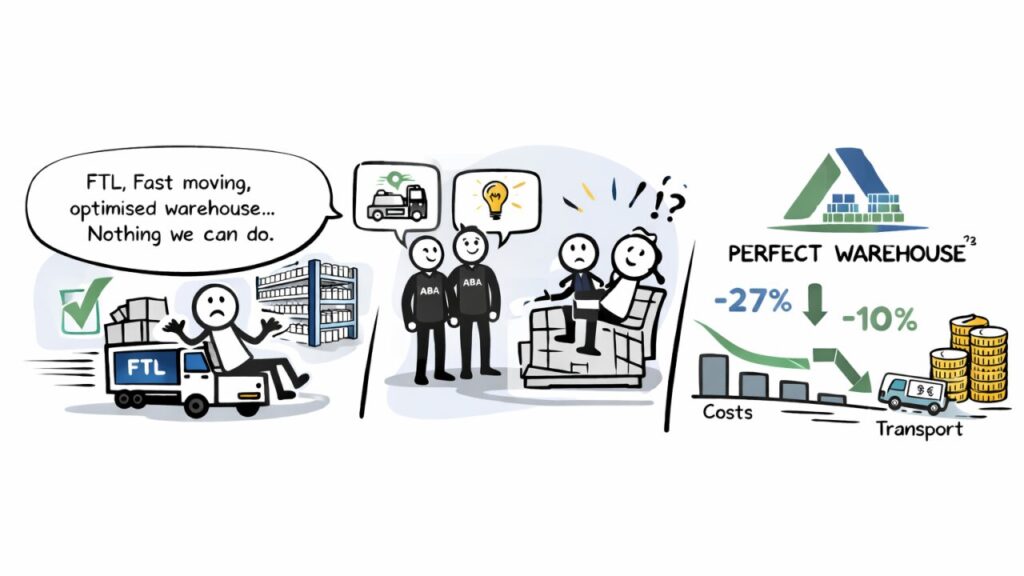A cartoon illustration shows a person on an FTL truck saying, FTL, fast moving, optimised warehouse... Nothing we can do about logistics challenges, while others discuss ideas. A graph shows Perfect Warehouse with costs down 27% and transport down 10%.