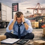 A man in business attire sits on the ground surrounded by cardboard boxes at a shipping yard, holding his head in his hands with a clipboard, calculator, and phone nearby—a clear sign of the logistics challenge caused by high fuel prices.